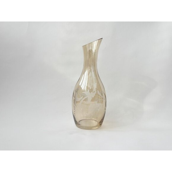 Etched Pale Yellow Glass Floral & Fruit Vintage Art Nouveau Oblique Glass Carafe - Picture 2 of 16